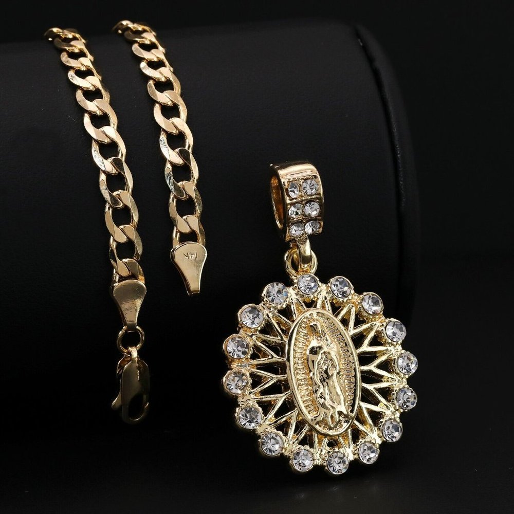 Set 14k Guadalupe Catholic 20" Cuban Necklace + Pendant - Picture 3 of 5